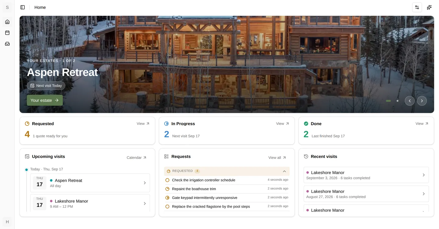 The Steadwell home dashboard for an estate owner: the estate photo, request counts, upcoming visits, open requests, and recent visits